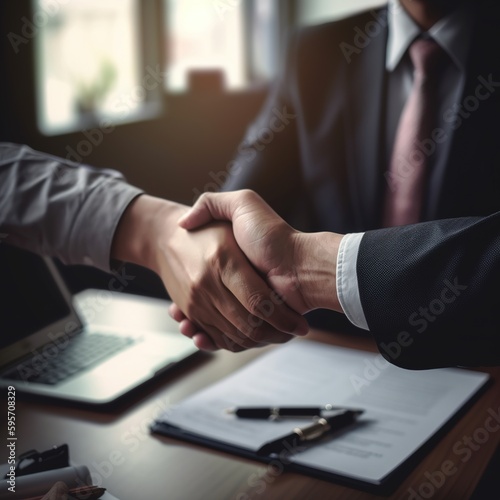 Business handshake for successful business merger and acquisition teamwork, hand shake, two businessmen shake hands with partner to celebrate partnership and business deal concept. generative ai © WS Studio 1985