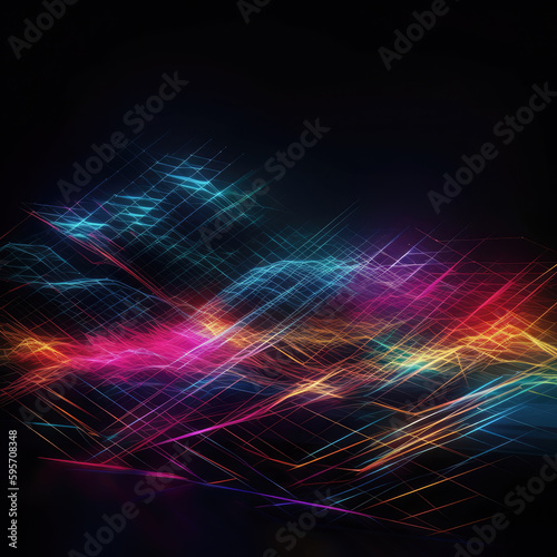 Abstract Neon Lines Cutting Through Nighttime Clouds - High-Tech Digital Design for Wallpaper, Backgrounds, and Banners. Futuristic Artistic Vision of Technology and Progress.