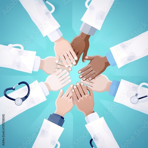 Doctor, team, and hands together in healthcare, collaboration or trust for collaboration, unity, or support in the lab. A group of medical experts working together to motivate. generative ai