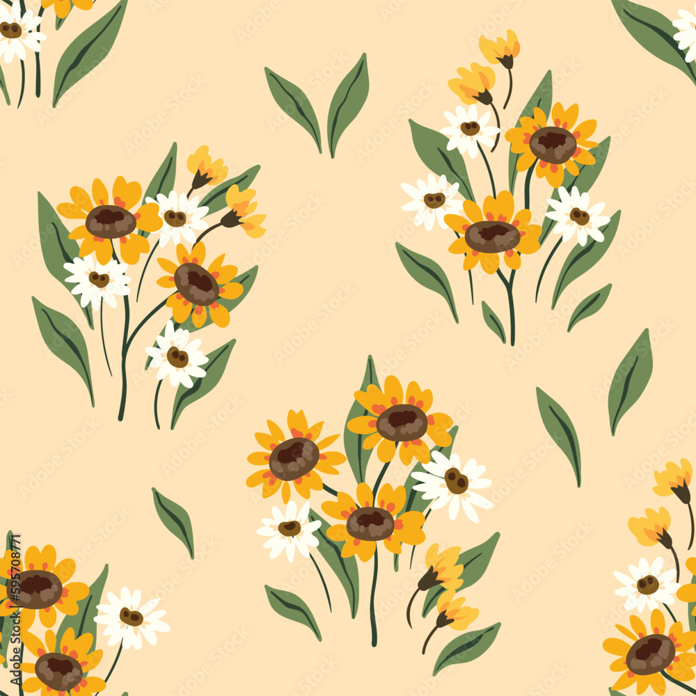 Seamless pattern, cute ditsy print with rustic motif. Pretty botanical design for fabric, paper of hand drawn flora: sunflowers, small field flowers, leaves on a light background. Vector illustration. Seamless pattern, cute ditsy print with rustic motif. Pretty botanical design for fabric, paper of hand drawn flora: sunflowers, small field flowers, leaves on a light background. Vector illustration.