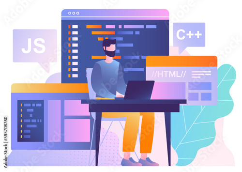 Man with code. Guy writes code for website, develops program or mobile application, software. IT specialist and programmer at workplace. Developer working on project. Cartoon flat vector illustration