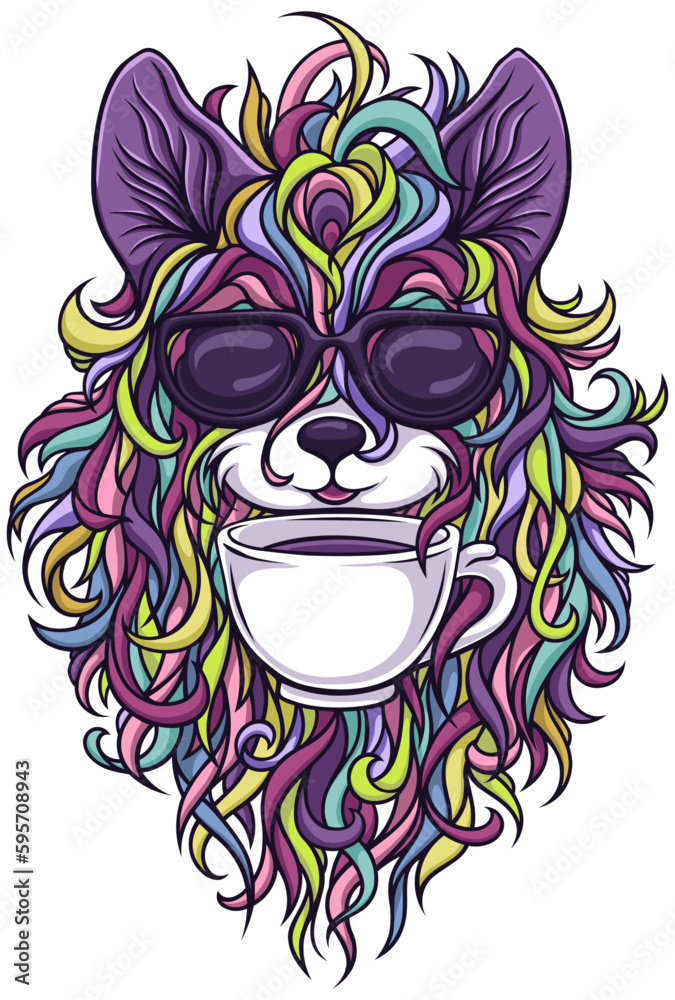 Stylized fluffy cartoon dog with glasses and cup. Colored intricate design and decor element. Highly detailed and accurate lines for print
