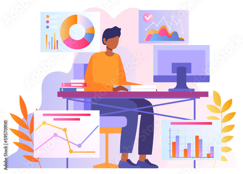 Businessman in office. Man sits in front of computer next to graphs and diagrams. Organization of effective workflow and marketing research. Hardworking analyst. Cartoon flat vector illustration