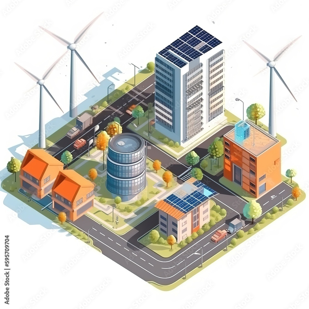 solar cell plants and wind turbines are linked to the smart grid.Energy generation, eolic turbine, and energy distribution. generative ai solar cell plants and wind turbines are linked to the smart grid.Energy generation, eolic turbine, and energy distribution. generative ai