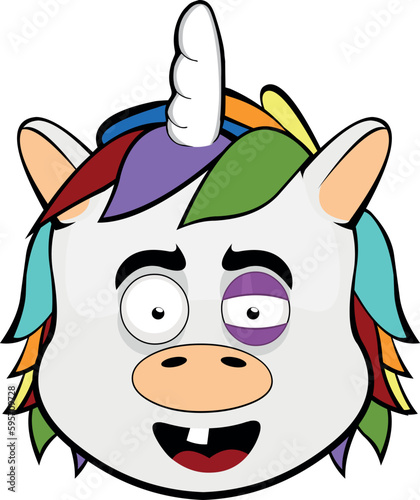 vector illustration face of a wounded cartoon unicorn, with a black eye and a single tooth