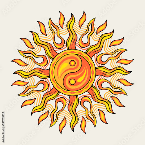 Sun with ying yang symbol. Concept of harmony and balance. Vector illustration in vintage style on white background. Solar sign, alchemy and astrology symbol. Good for groovy, hippie style