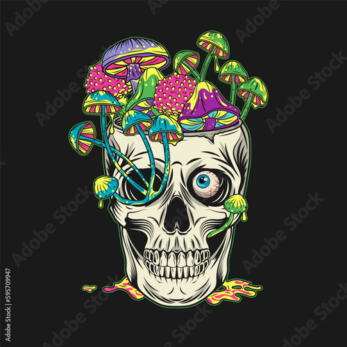 Human skull without top like cup, bowl, vase full with mushrooms. Crazy mad skull with single eye and growing through mushrooms, puddle of poisonous liquid. Illustration in vintage style.