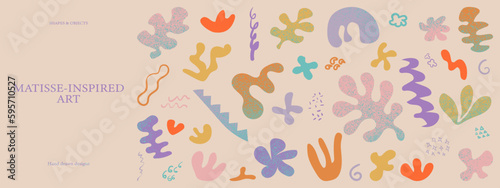 Set of abstract organic Matisse inspired shapes & objects. Plants, algae, ocean, sea. Modern trendy pastel Matisse minimal contemporary aesthetic. vector element for logo, decoration, print, cover.