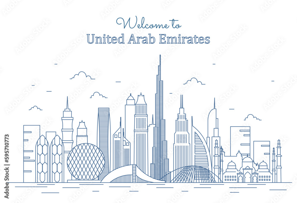 United Arab Emirates line. Urban landscape with modern building, panorama with skyscrapers. Travel and tourism. Poster or banner for website. Cartoon flat vector illustration