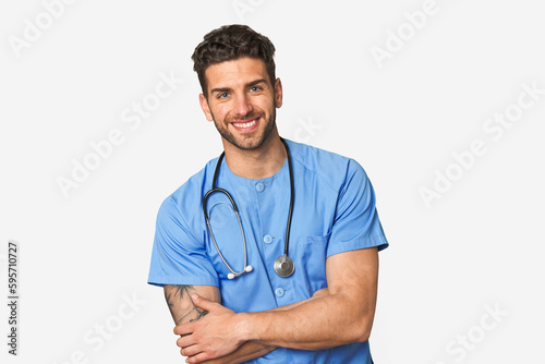 Young nurse man laughing and having fun.