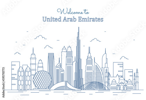 United Arab Emirates line. Urban landscape with modern building, panorama with skyscrapers. Travel and tourism. Poster or banner for website. Cartoon flat vector illustration