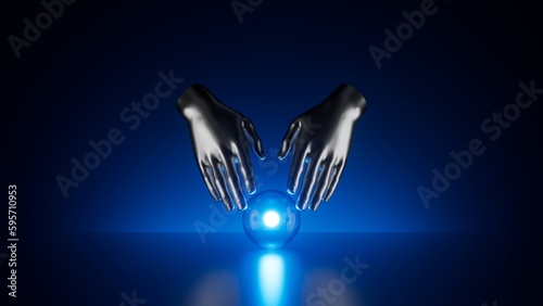 Wallpaper Mural 3d render, abstract blue background, metallic human arms, bright neon light inside the clear glass ball. Futuristic technology, pure energy concept Torontodigital.ca