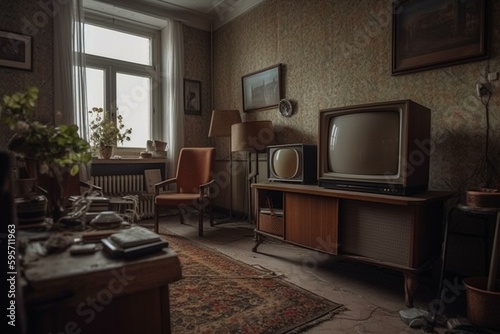 Old-style socialist living room with classic television mockup. Generative AI