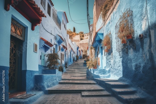 Stunning street view in blue Chefchaouen, Morocco with artistic watercolor-like quality. Beauty, Africa, culture, vibrant, travel, tourist, destination, picturesque, hillside, serene. Generative AI © Evelina