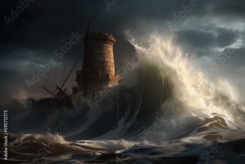solitary lighthouse standing strong in the midst of a raging stormy sea. Generative AI