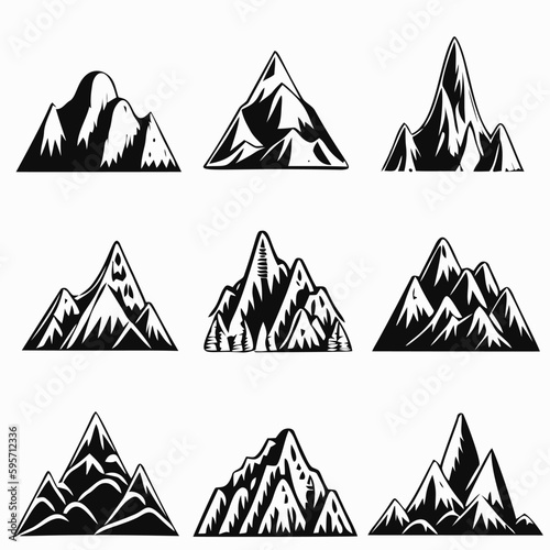 Mountain landscape element set. Summer mountains. Rocky mountains logo. Mountain peak silhouette. Rocky tourism icon. Rock mountain shape. Monochrome engraved rock ridge. Vector illustration.