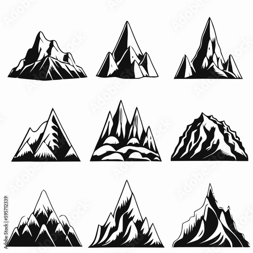 Mountain landscape element set. Summer mountains. Rocky mountains logo. Mountain peak silhouette. Rocky tourism icon. Rock mountain shape. Monochrome engraved rock ridge. Vector illustration.