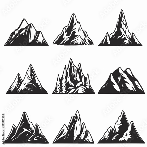 Mountain landscape element set. Summer mountains. Rocky mountains logo. Mountain peak silhouette. Rocky tourism icon. Rock mountain shape. Monochrome engraved rock ridge. Vector illustration.