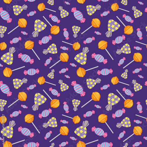Illustration of a seamless repeating pattern of colorful lollipops and candy. Pattern with colorful candies. Repeatable candy pattern.