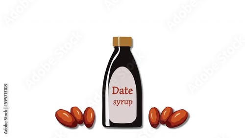 Date syrup in a glass bottle falls to the surface, and date fruit emerges from beneath the bottle. Illustration on white background. The eco sweetener in a glass jar. Natural sugar substitute. 