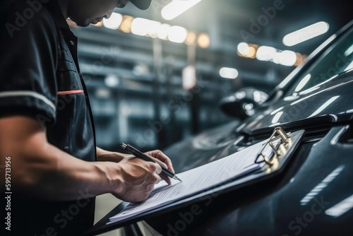 Mechanic inspecting a car and holding a clipboard with insurance data. Generative ai