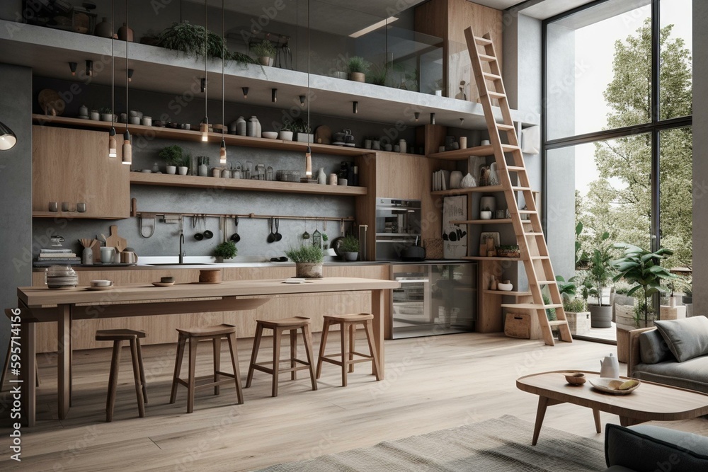 Living and kitchen area with Scandinavian and loft design. Generative AI