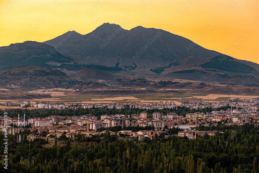Erciyes Mountain from Develi. Amazing panorama on a cloudy summer day. Kayseri Turkey