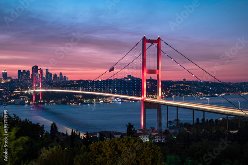 Awesome Panoramic view of Istanbul Bosphorus on sunset. Istanbul Bosphorus Bridge (15 July Martyrs Bridge. Turkish: 15 Temmuz Sehitler Koprusu). Beautiful landscape Turkey.