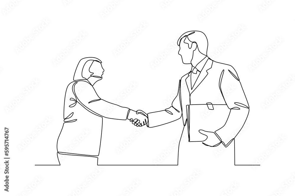 Continuous one line drawing customers shake hands making deal for insurance. Insurance concept. Single line draw design vector graphic illustration.