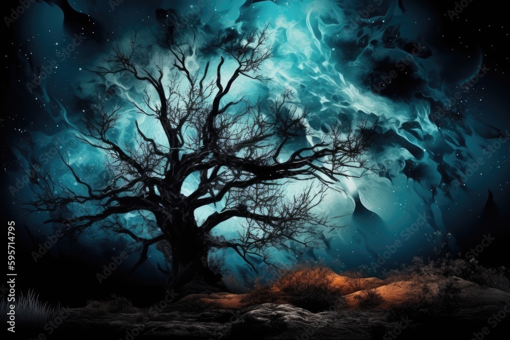 solitary tree standing under the starry night sky. Generative AI solitary tree standing under the starry night sky. Generative AI