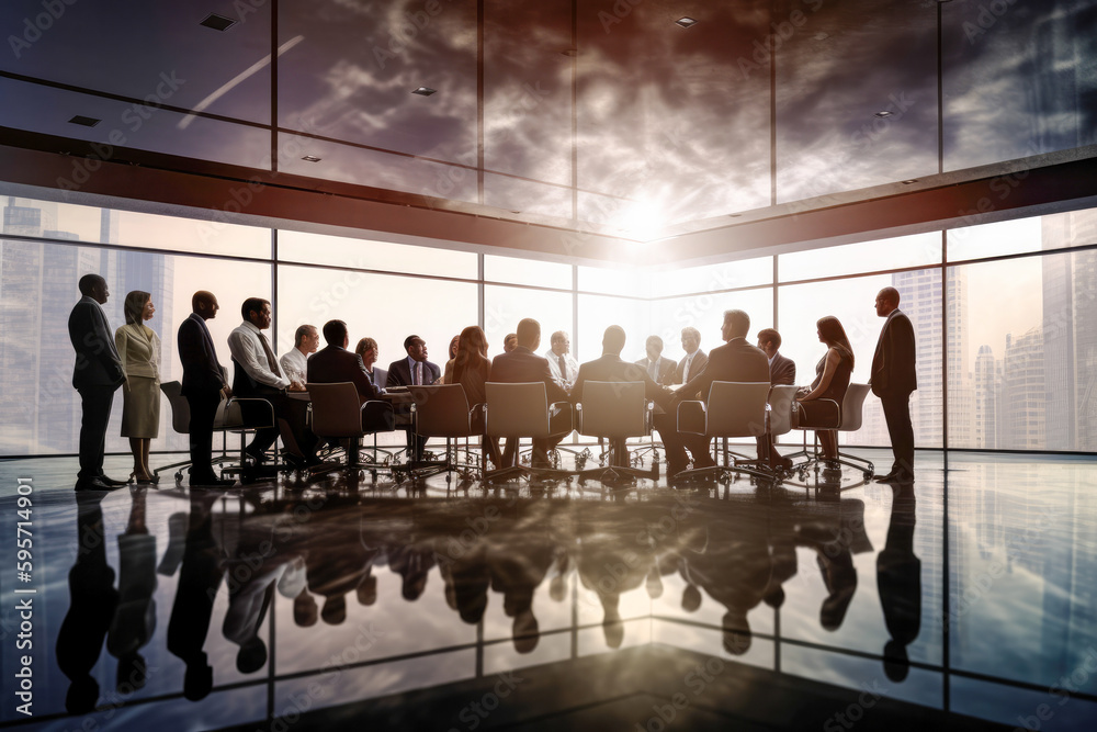 People in conference room giving an important business meeting, with sun shining and glass floor and ceiling, generative ai People in conference room giving an important business meeting, with sun shining and glass floor and ceiling, generative ai