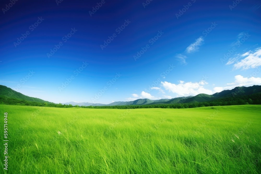 scenic green field with majestic mountains in the background. Generative AI