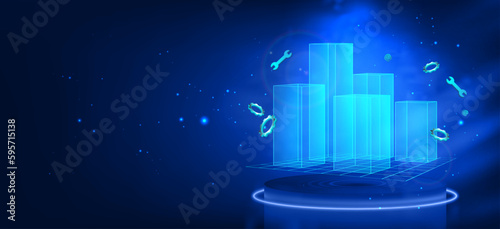 Design of buildings and infrastructure through 3D modeling, city design. Building Information Modeling. 3d hologram of the city block. BIM concept, Industry construction, BIM online. Vector banner