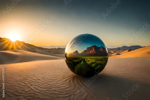 green nature in a glass ball in a dry desert, Generative AI © 212-Art