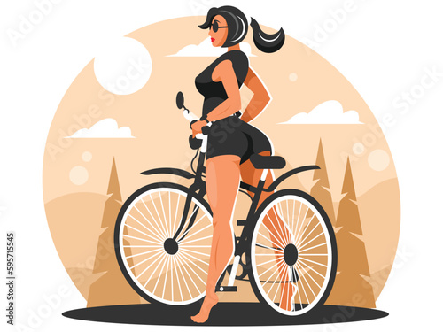 Woman with a bicycle. A female cyclist stands with a bicycle at the edge of the forest. Cycling concept. Vector graphics