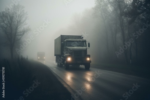 A truck is driving through foggy conditions on a road. Generative AI