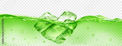 Translucent green ice cubes floating in water with air bubbles, isolated on transparent background. Transparency only in vector format