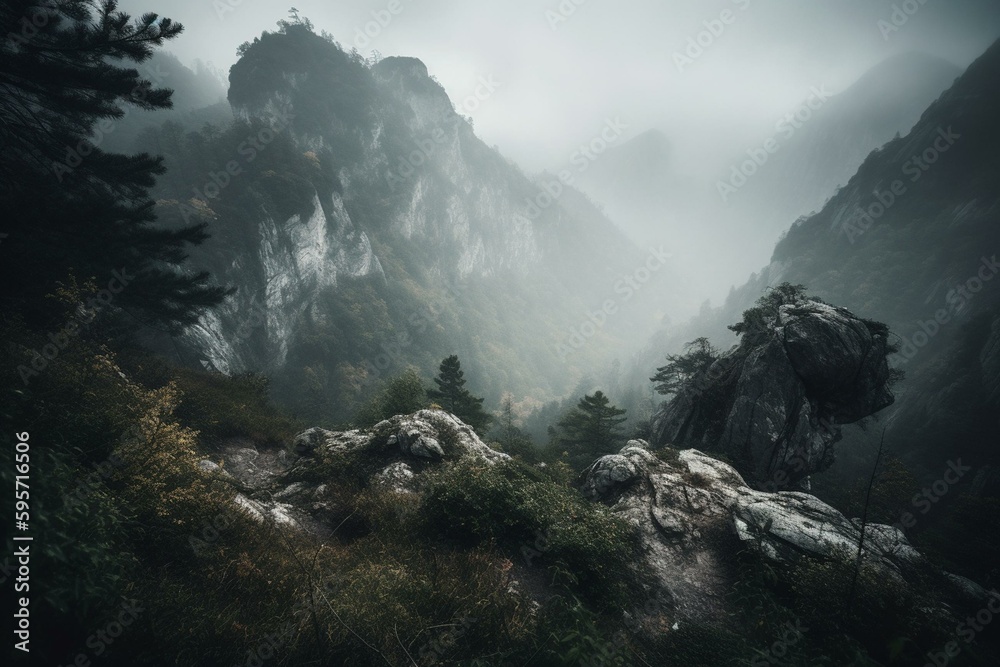 Foggy mountains. Generative AI