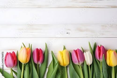 multi color tulips isolated on white wooden background. Generative AI