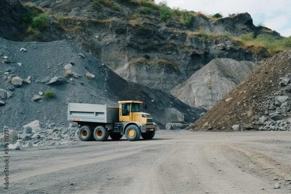 heavy-duty dump truck driving on a rugged dirt road. Generative AI