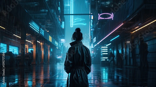 AI generated a back view of a woman in a city in the rain falling at night. 