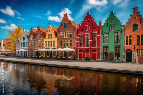 Colorful houses in Bruges, Belgium. Generative AI