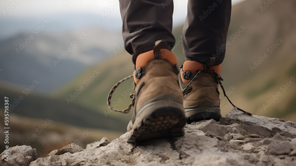 Sucessfull hiker standing on top of mountain peak, Generative AI Sucessfull hiker standing on top of mountain peak, Generative AI