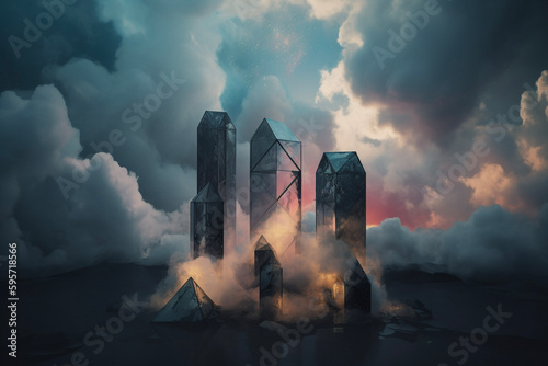 Product Display Altar Monolith Sunset Twilight Futuristic Dystopic Clouds Flaming Cube  Grid Lines Trapped Stone Glass Concrete Generative AI