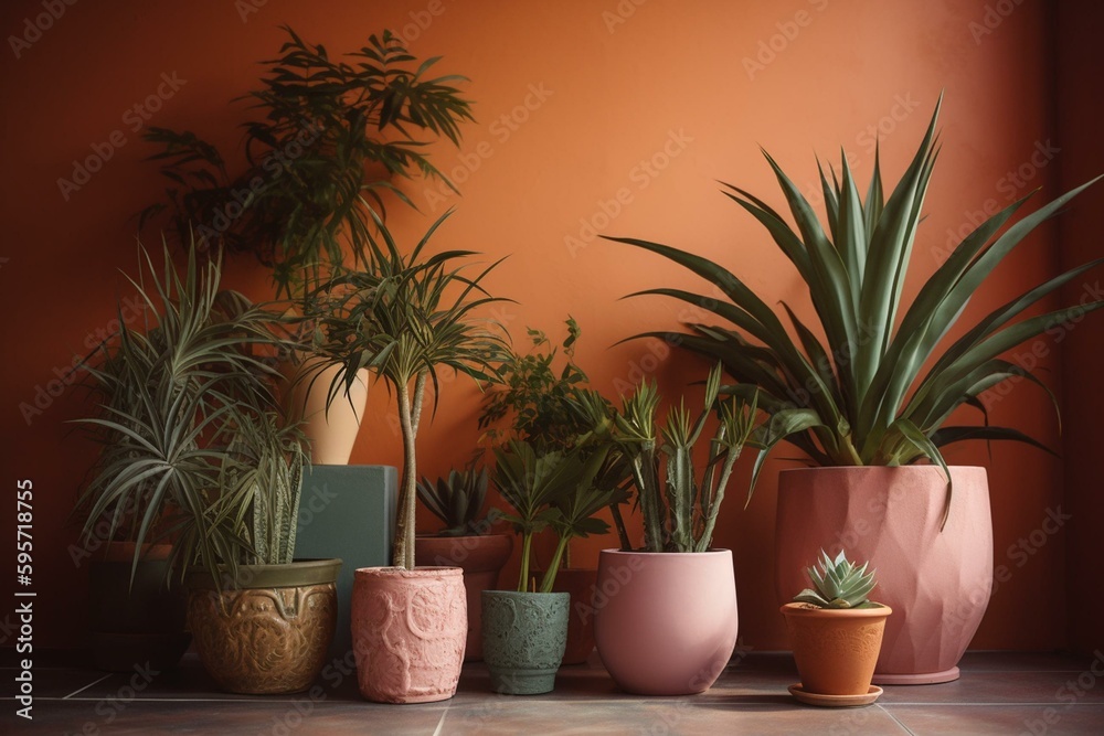 Clay potted house plants on colorful backdrop. Generative AI