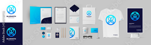 Corporate branding for modern shop or studio, stationery design of folder and business cards. Presentation of corporate identity with minimal blue logo, butterfly sign and color background.