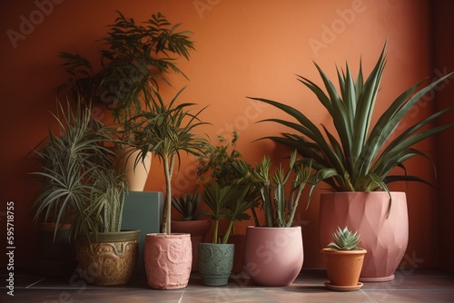 Clay potted house plants on colorful backdrop. Generative AI