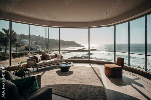 Luxury home with expansive windows and ocean vistas. Generative AI