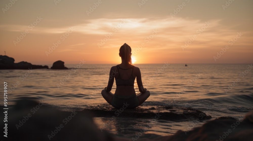 Rear view of a young woman practicing yoga by the sea at sunset. Generative AI.