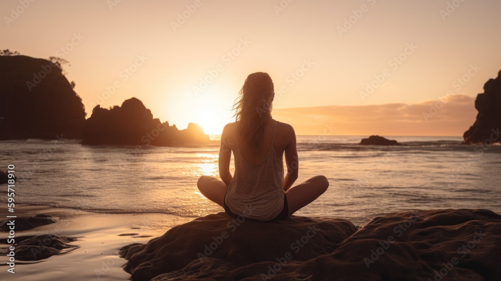 Rear view of a young woman practicing yoga by the sea at sunset. Generative AI.